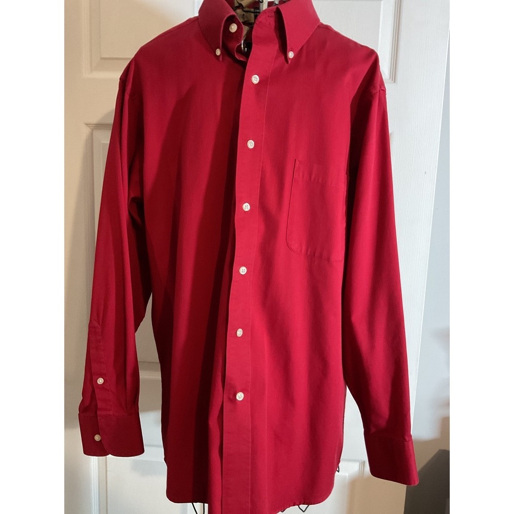 IZOD Mens Red Twill Button Down Shirt Wrinkle Free Large 16 32/33 Long Sleeve